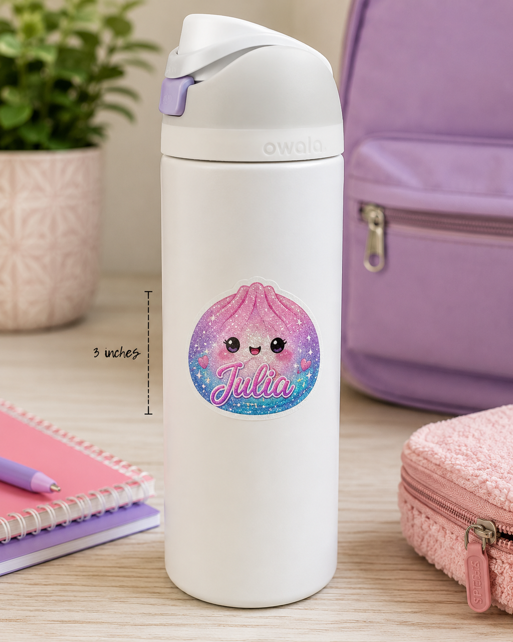 ✨ Personalized Glitter Dumpling Name Sticker Cute Water Bottle Decal • Back to School Gift