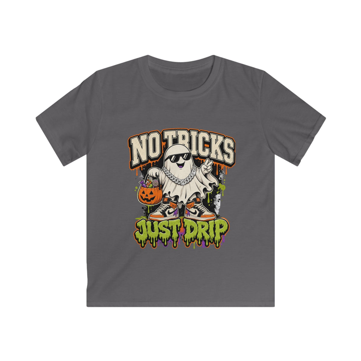 Kids Halloween T‑Shirt — "No Tricks Just Drip" Ghost Graphic