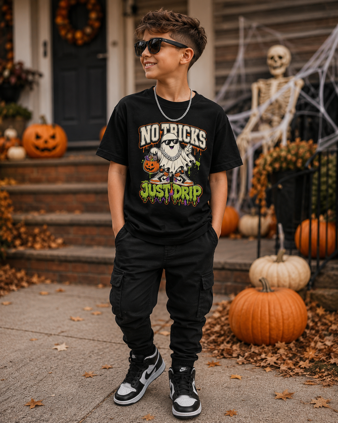 Kids Halloween T‑Shirt — "No Tricks Just Drip" Ghost Graphic